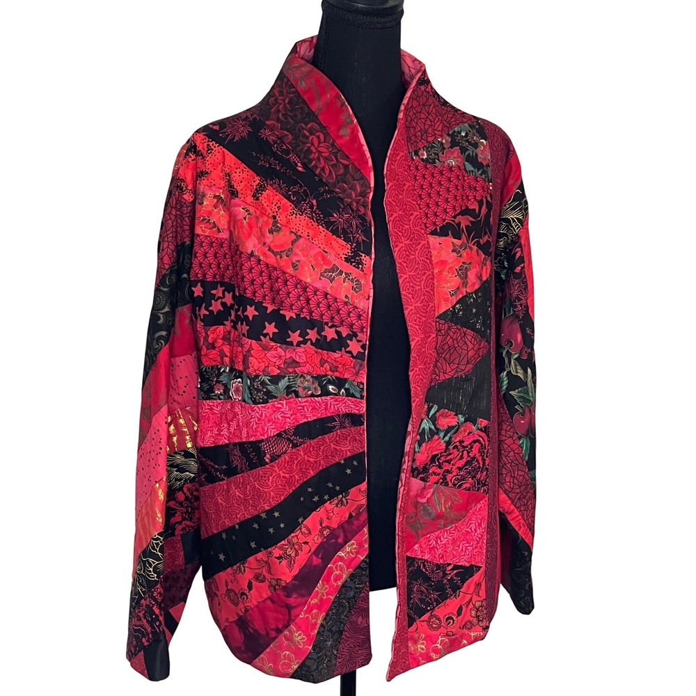 Patchwork Kimono Jacket‎ Red Black Handmade Artsy Bohemian Festival Coat holiday